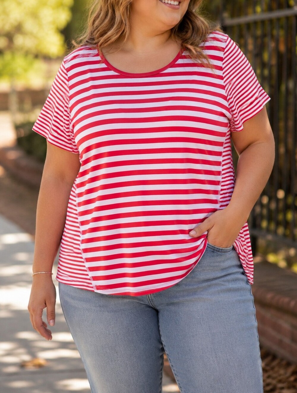 Talbots Pink White Striped Cotton Blend Stretch Short Sleeve Tee Top Casual